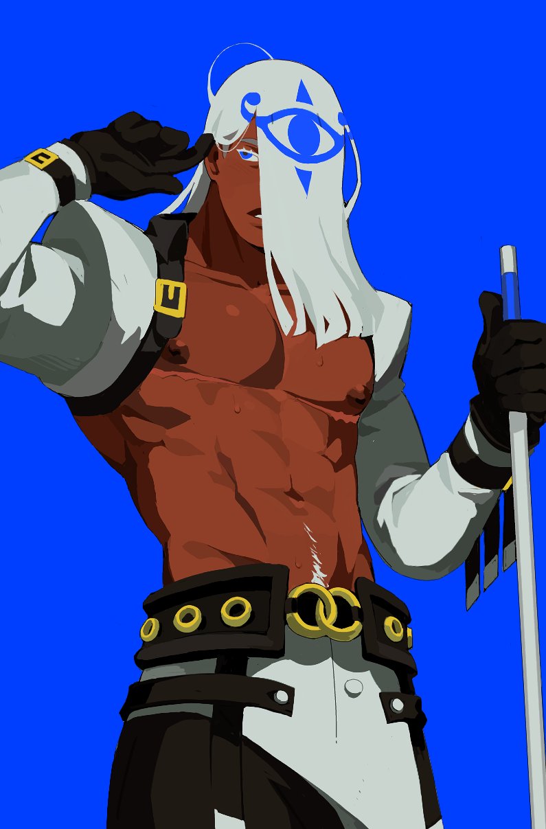 1boy abs arm_belt arm_up bare_pectorals belt belt_buckle black_belt black_gloves blue_background blue_eyes buckle collarbone colored_eyelashes commentary cowboy_shot cropped_jacket cue_stick dark-skinned_male dark_skin english_commentary gloves guilty_gear guilty_gear_strive hair_behind_ear hair_over_one_eye highres holding jacket long_hair looking_to_the_side male_focus navel nipples one_eye_covered open_clothes open_jacket pants parted_lips patterned_hair pectorals shoulder_belt sideways_glance solo sorrysap standing teeth venom_(guilty_gear) white_jacket white_pants