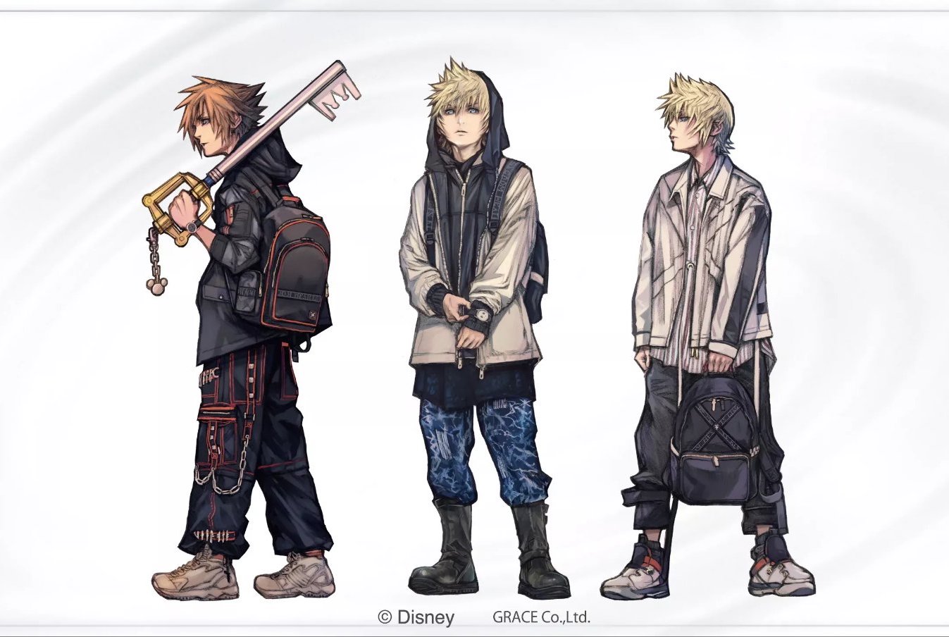 3boys backpack bag blonde_hair boots brown_hair chain copyright_notice fashion holding holding_bag hood hood_up hoodie jacket keyblade kingdom_hearts kingdom_key looking_at_viewer multiple_boys nomura_tetsuya official_alternate_costume official_art over_shoulder roxas shoes sneakers sora_(kingdom_hearts) spiked_hair standing streetwear third-party_source ventus_(kingdom_hearts) watch weapon weapon_over_shoulder white_background