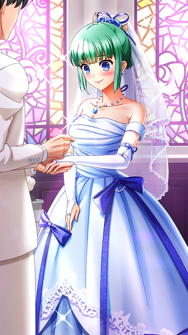 1boy 1girl blue_bow blue_eyes blue_flower blue_gemstone blue_ribbon blunt_bangs blush bow breasts bridal_gauntlets cleavage closed_mouth detached_sleeves doukyuusei_(series) doukyuusei_another_world dress flower game_cg gem green_hair hair_flower hair_ornament hair_ribbon iijima_miyuki indoors jacket jewelry kakyuusei kakyuusei_(series) long_dress long_sleeves medium_breasts necklace official_art pants ribbon short_hair sidelocks smile solo_focus strapless strapless_dress veil wedding wedding_dress white_dress white_jacket white_pants white_sleeves