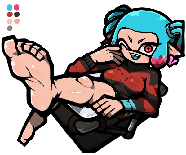 1girl ;d bare_legs barefoot bloblobber_(splatoon) blue_hair blue_tongue breasts color_guide colored_tongue earrings feet foot_focus hand_up inkling jewelry long_sleeves medium_breasts multicolored_hair name_omoitukan2 nintendo number_earrings one_eye_closed open_mouth pointy_ears red_eyes red_hair red_sole-chan_(splatoon) shiny_skin short_hair simple_background smile solo splatoon_(manga) splatoon_(series) striped_clothes striped_sweater sweater teeth tentacle_hair thick_lineart twintails two-tone_hair upper_teeth_only white_background