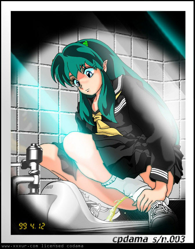 00s 1990s_(style) 1999 1girl 2003 april bathroom black_shirt black_skirt blue_eyes breasts codama dated demon_girl demon_horns green_hair grey_footwear horns long_hair looking_down lum neckerchief peeing photo_(object) pointy_ears retro_artstyle school_uniform shirt shoes skirt small_breasts sneakers socks squat_toilet squatting toilet_use urusei_yatsura white_socks yellow_neckerchief