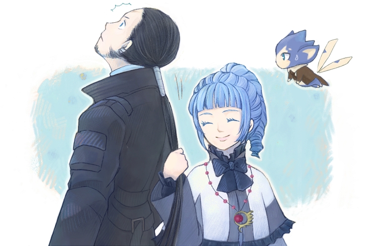1girl 2boys ^_^ alfa_system ange_serena beard black_hair blue_eyes blue_hair blunt_bangs closed_eyes coat creature dress drill_hair facial_hair grabbing_another&#039;s_hair jewelry koko_(pixiv330292) long_hair multiple_boys ribbon ricardo_soldato rocksprings short_hair tales_of_(series) tales_of_innocence tales_of_the_world tales_of_the_world_radiant_mythology_3 upper_body