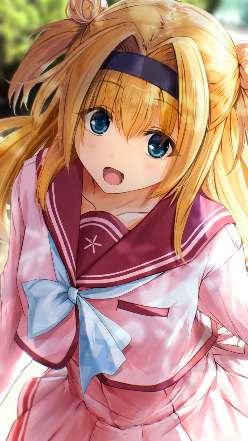 1girl :d black_hairband blonde_hair blue_eyes blurry blurry_background blush bow chitose_sana commentary_request cowboy_shot dappled_sunlight day double_bun eyes_visible_through_hair hair_between_eyes hair_bun hair_intakes hairband half_updo happy highres long_hair long_sleeves looking_at_viewer lower_teeth_only miniskirt open_mouth outdoors pink_serafuku pink_shirt pink_skirt pleated_skirt red_sailor_collar sailor_collar school_uniform serafuku shirt sidelighting sidelocks skirt smile solo straight_hair suien sunlight teeth tenshinranman tongue two_side_up white_bow
