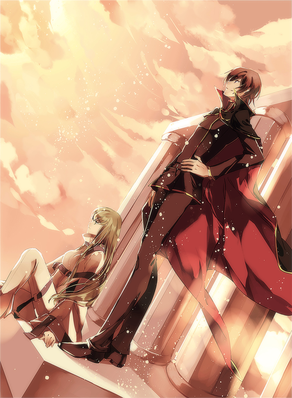 1boy 1girl ahoge black_hair c.c. cape code_geass couple full_body green_hair hand_on_own_hip highres lelouch_vi_britannia long_hair looking_away outdoors purple_eyes rahit short_hair sitting sky smile standing yellow_eyes