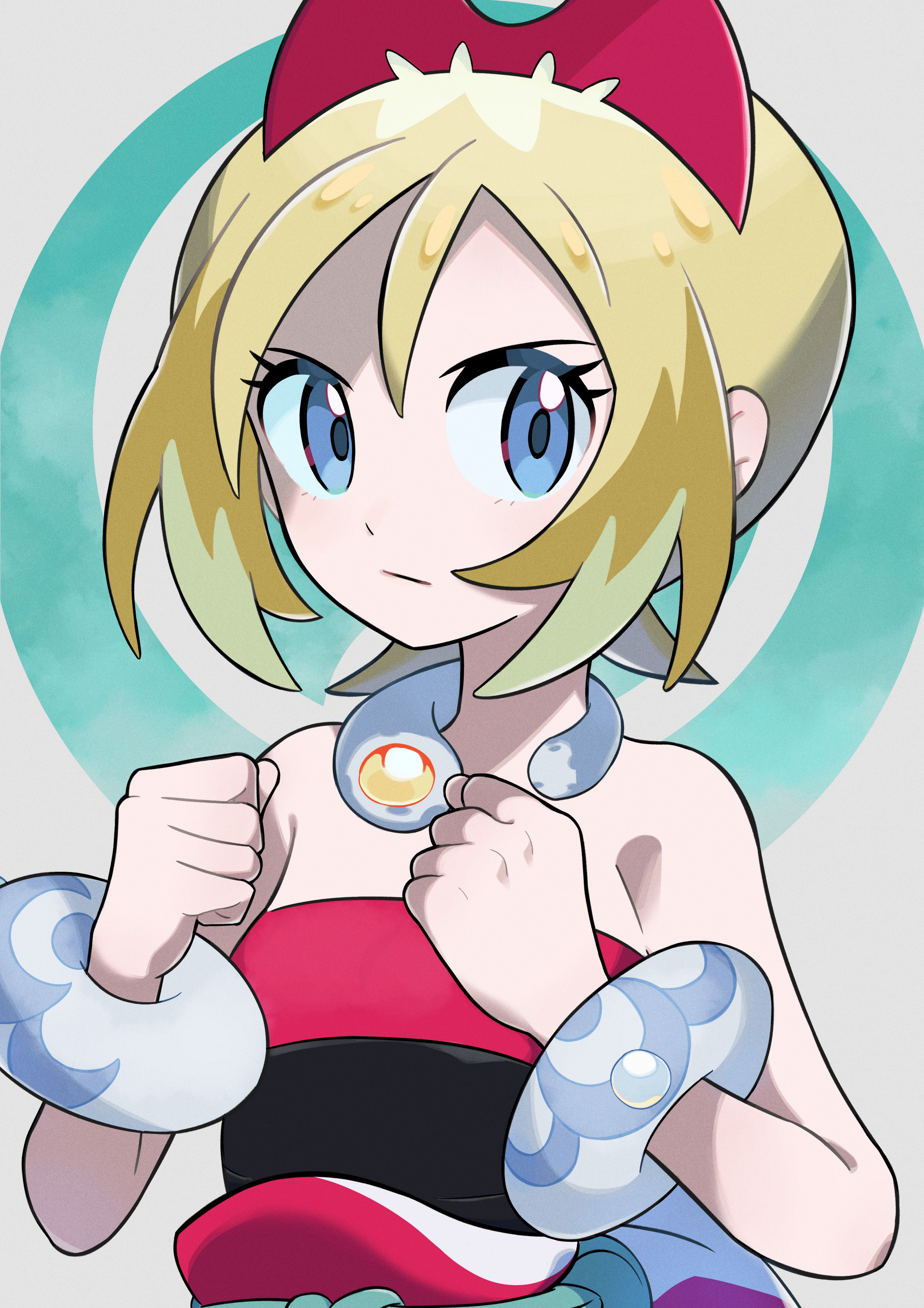 1girl absurdres blonde_hair blue_eyes bracelet clenched_hands closed_mouth collar commentary_request eyelashes hairband hands_up highres irida_(pokemon) jewelry nintendo nori_(hgdm2784) pokemon pokemon_legends:_arceus red_hairband sash shirt short_hair solo strapless strapless_shirt upper_body