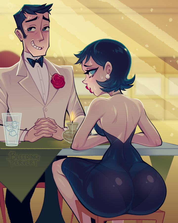 1boy 1girl back bare_shoulders black_hair bleedingpervert blue_eyes blush bow bowtie breasts chair cup dating dress earrings flower formal_clothes from_behind hetero holding ice ice_cube indoors jewelry looking_at_viewer looking_back miss_keane own_hands_together panties_visible_through_clothes pants powerpuff_girls professor_utonium shirt short_hair sitting sleeveless smile sweat sweatdrop table