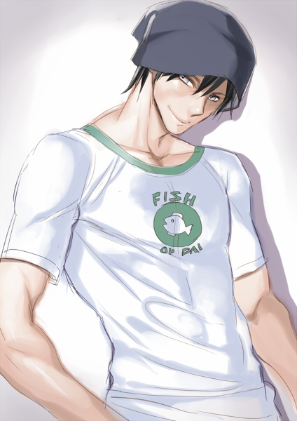 10s 1boy beanie black_eyes black_hair devil_survivor_(series) devil_survivor_2 dogdogdog hat male_focus muscular shirt smile solo t-shirt torii_jungo