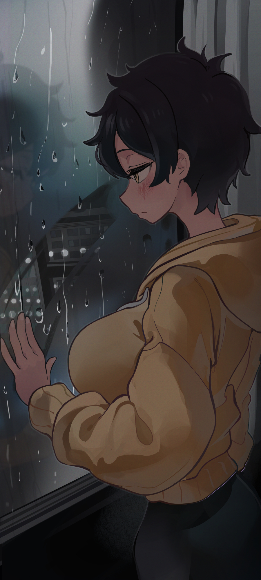1girl black_hair breasts cowboy_shot dark-skinned_female dark_skin from_side hand_on_window highres hood hood_down hoodie indoors kurobe_natsumi large_breasts mo0o0rae rain reflection senpai_ga_uzai_kouhai_no_hanashi short_hair solo window yellow_eyes yellow_hoodie