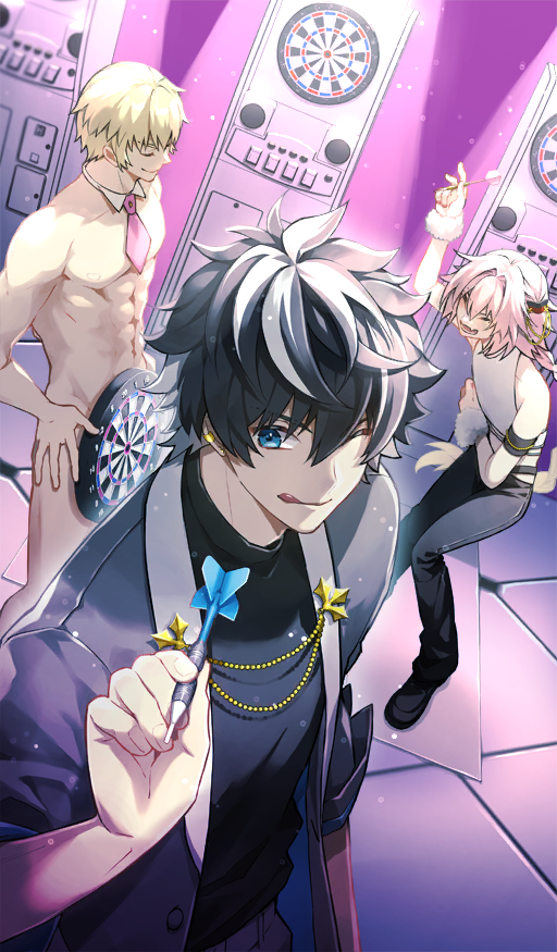 3boys :d ;q abs armband astolfo_(fate) astolfo_(three_in_the_black)_(fate) bare_shoulders black_hair black_pants black_shirt black_shoes blazer blonde_hair blue_eyes braid buttons chaldea_boys_collection chaldea_juukou_monogatari charlemagne_(fate) charlemagne_(three_in_the_black)_(fate) closed_eyes closed_mouth collar collar_chain_(jewelry) colored_lapels commentary covering_privates crop_top dartboard detached_collar dutch_angle ear_cuffs fang fate/grand_order fate_(series) fur_wrist_cuffs grey_jacket grey_pants group_picture hair_between_eyes hair_intakes hair_ornament hand_on_own_hip hand_on_own_stomach holding_dart jacket knees_together_feet_apart laughing leaning_forward light_particles long_hair male_focus multicolored_hair multiple_boys necktie nipples nude nude_cover official_art one_eye_closed open_clothes open_jacket open_mouth paladins_of_charlemagne_(fate) pants pectorals pink_hair pink_necktie revision roland_(fate) roland_(three_in_the_black)_(fate) shirt shoes short_hair short_necktie sideburns single_braid skin_fang sleeveless sleeveless_shirt sleeveless_turtleneck smile spotlight third-party_source tongue tongue_out trap turtleneck two-tone_hair very_long_hair wand3754 white_collar white_hair white_shirt white_wrist_cuffs wingtip_collar wrist_cuffs