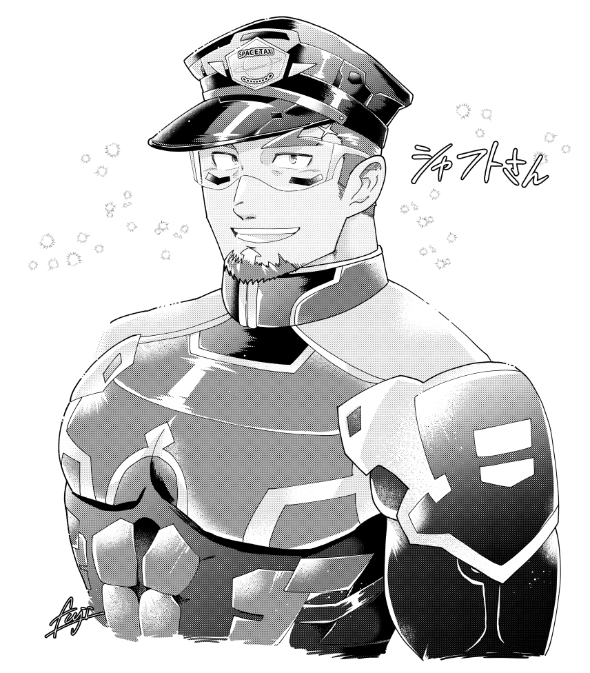 1boy :d bara cropped_torso facial_hair fujishima_kazuya goatee goggles greyscale hat large_pectorals live_a_hero looking_at_viewer male_focus monochrome muscular muscular_male open_mouth peaked_cap pectorals police police_uniform policeman shaft_(live_a_hero) short_hair sideburns_stubble smile solo sparkle_background stubble thick_eyebrows translation_request