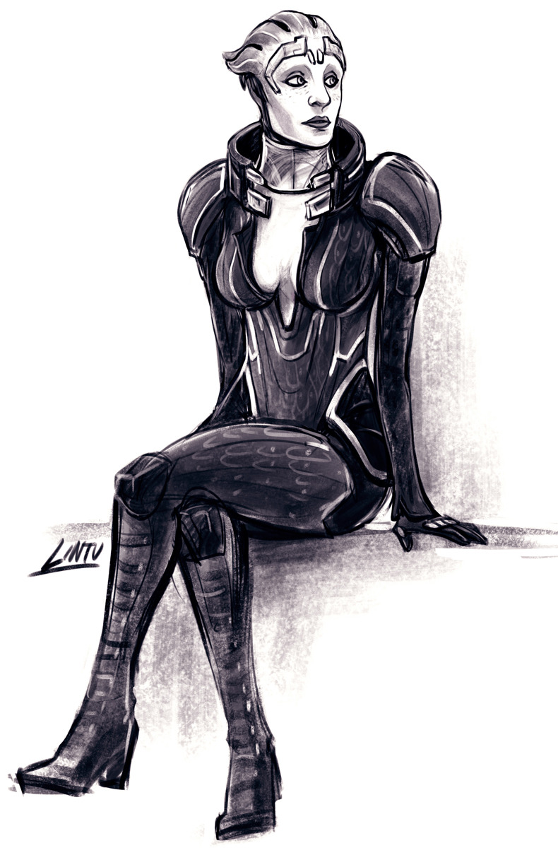 1girl asari_(mass_effect) greyscale highres lintufriikki mass_effect_(series) monochrome samara_(mass_effect) sitting solo solo_focus tumblr tumblr_username white_background