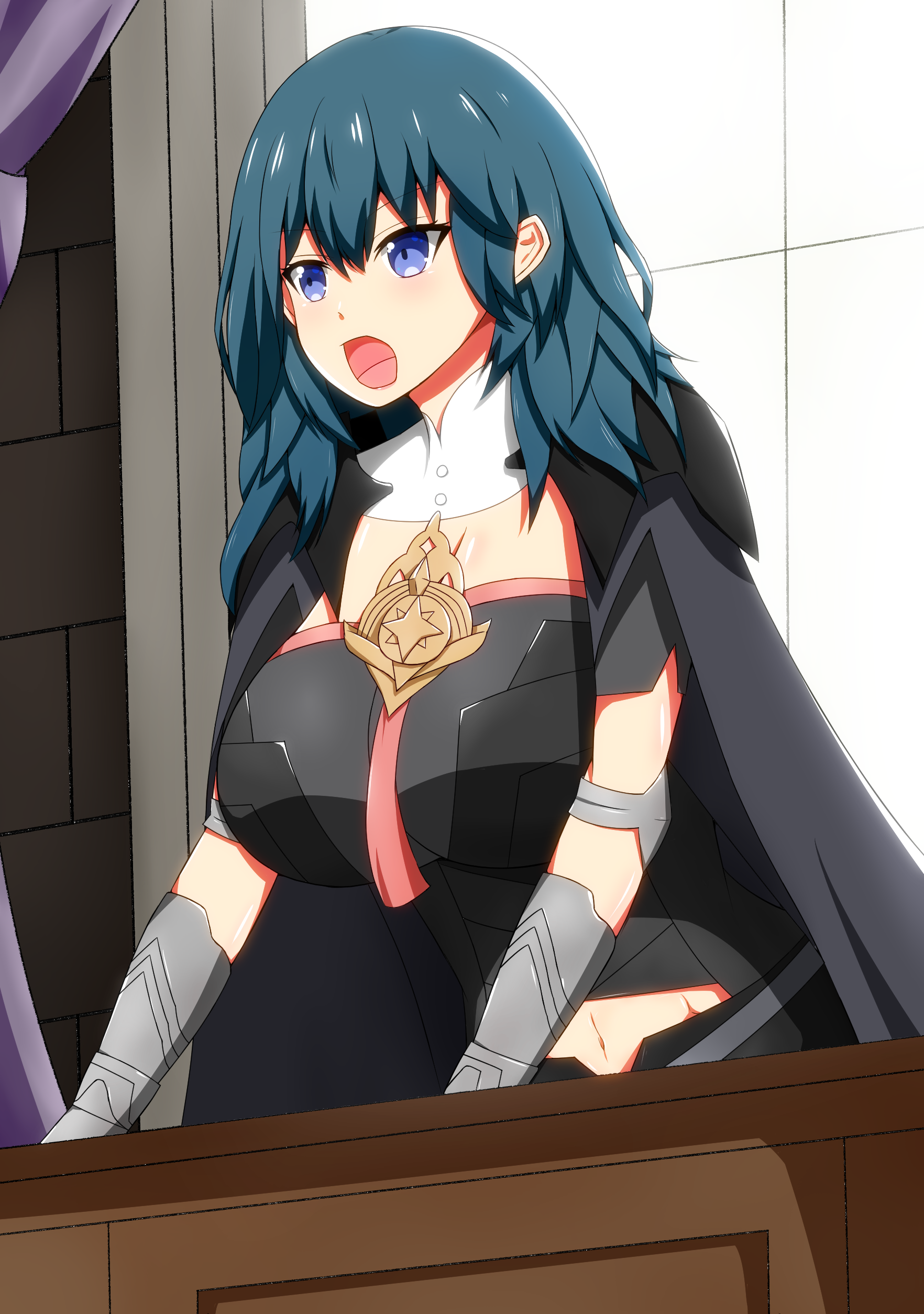 1girl absurdres blue_eyes blue_hair bracer breasts female_byleth_(fire_emblem) cleavage clothing_cutout desk female_focus fire_emblem fire_emblem:_three_houses highres huge_breasts lecturing light_xion navel_cutout nintendo open_mouth solo tagme