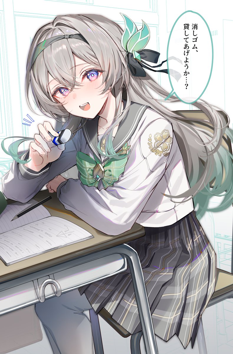 1girl aqua_hair black_sailor_collar book bow bowtie eraser firefly_(honkai:_star_rail) firefly_(spring_missive)_(honkai:_star_rail) floating_hair gradient_hair green_bow green_bowtie grey_hair highres honkai:_star_rail honkai_(series) indoors kawachi_rin long_hair long_sleeves looking_at_viewer multicolored_hair official_alternate_costume open_book open_mouth pencil sailor_collar school_uniform shirt sitting skirt smile solo speech_bubble teeth thighhighs upper_teeth_only white_shirt white_thighhighs