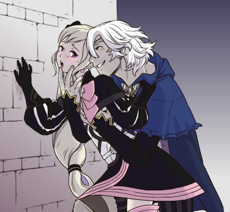 1boy 1girl 40_078u blue_hood couple elise_(fire_emblem) eyepatch fire_emblem fire_emblem_fates hetero multicolored_hair niles_(fire_emblem) nintendo purple_eyes purple_hair streaked_hair white_hair