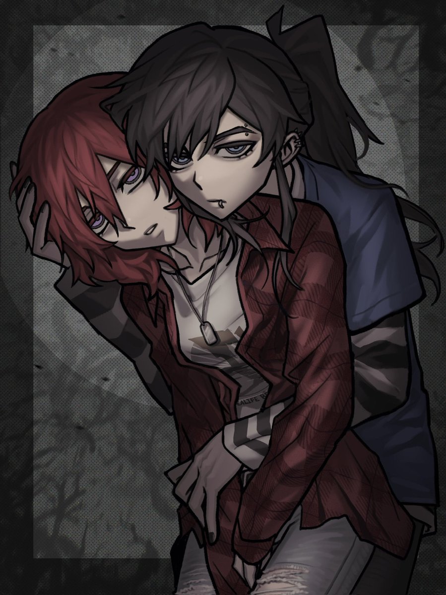 2girls ari_(class_of_09) black_hair black_sleeves bugs_bug_me class_of_09 closed_mouth ear_piercing eyebrow_piercing face_piercing formal_clothes grey_background grey_eyes hand_on_another&#039;s_head highres horizontal-striped_sleeves hug lip_piercing long_sleeves looking_at_viewer medium_hair multiple_girls nicole_(class_of_09) piercing ponytail print_shirt red_hair red_suit shirt suit white_shirt yuri
