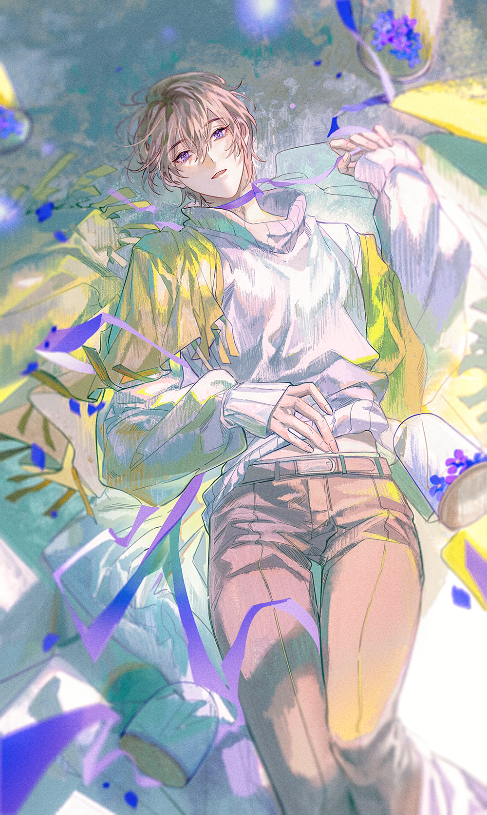 1boy belt brown_hair brown_pants choker earrings feet_out_of_frame flower hair_between_eyes highres jewelry long_sleeves looking_at_viewer lying male_focus midriff_peek on_back original pants parted_lips purple_choker purple_eyes purple_flower shirt short_hair sleeves_past_wrists solo sweater white_shirt yinzinmiemie