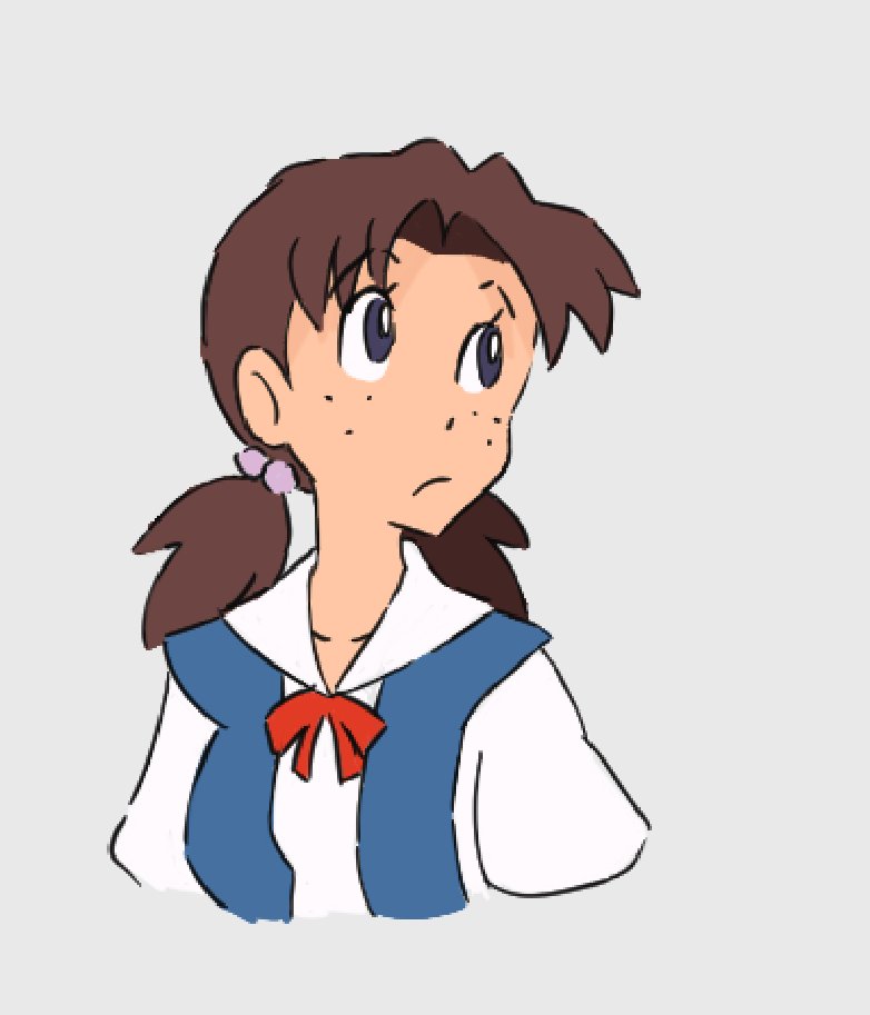 1girl :/ chimeraenvy freckles hair_between_eyes horaki_hikari long_hair looking_up neon_genesis_evangelion school_uniform shirt simple_background tokyo-3_middle_school_uniform upper_body white_shirt