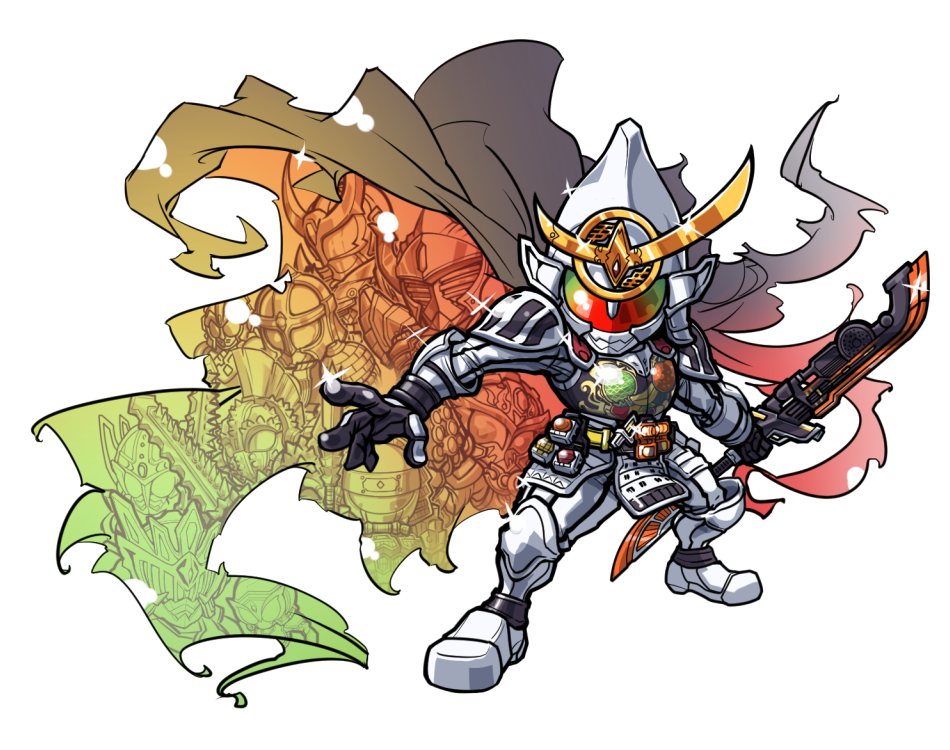 1boy arm_grab armor bad_id bad_pixiv_id banana belt cape food fruit full_body grapes holding holding_sword holding_weapon kamen_rider kamen_rider_baron kamen_rider_bravo kamen_rider_duke kamen_rider_gaim kamen_rider_gaim_(series) kamen_rider_gridon kamen_rider_knuckle kamen_rider_kurokage kamen_rider_marika kamen_rider_ryugen kamen_rider_sigurd kamen_rider_zangetsu lock_seed melon orange_(fruit) strawberry sword transparent_background wanaata weapon white_background