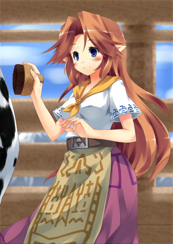 1girl belt blue_eyes blush brown_hair brush chikyuujin_a cow cremia female_focus long_hair nintendo pointy_ears smile solo the_legend_of_zelda the_legend_of_zelda:_majora&#039;s_mask triforce