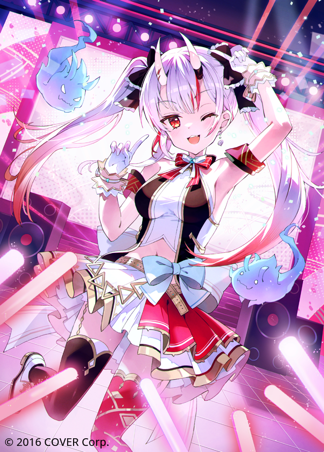1girl ;d arm_up asymmetrical_legwear back_bow black_ribbon black_thighhighs boots bow center-flap_bangs commentary_request concert copyright_notice fang fold-over_boots gloves gold_trim gradient_hair hair_between_horns hair_ribbon halter_shirt halterneck hand_up hololive hololive_idol_uniform_(origin) horns idol idol_clothes index_finger_raised karma_(nakiri_ayame) layered_skirt long_hair miniskirt mismatched_legwear multicolored_hair nakiri_ayame official_alternate_costume official_alternate_hairstyle official_art one_eye_closed oni open_mouth red_eyes red_hair red_thighhighs ribbon shiranui_(nakiri_ayame) shirt skin-covered_horns skirt skirt_set sleeveless sleeveless_shirt smile solo soriya streaked_hair thighhighs twintails virtual_youtuber waist_bow white_boots white_gloves white_hair white_shirt white_skirt wrist_cuffs