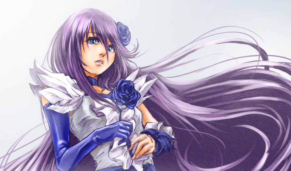 10s 1girl bow choker cure_moonlight dress elbow_gloves female_focus flower gloves goru_(cure_golgom) hair_flower hair_ornament heart heartcatch_precure! long_hair magical_girl precure purple_eyes purple_hair rose simple_background single_elbow_glove single_glove solo tsukikage_yuri