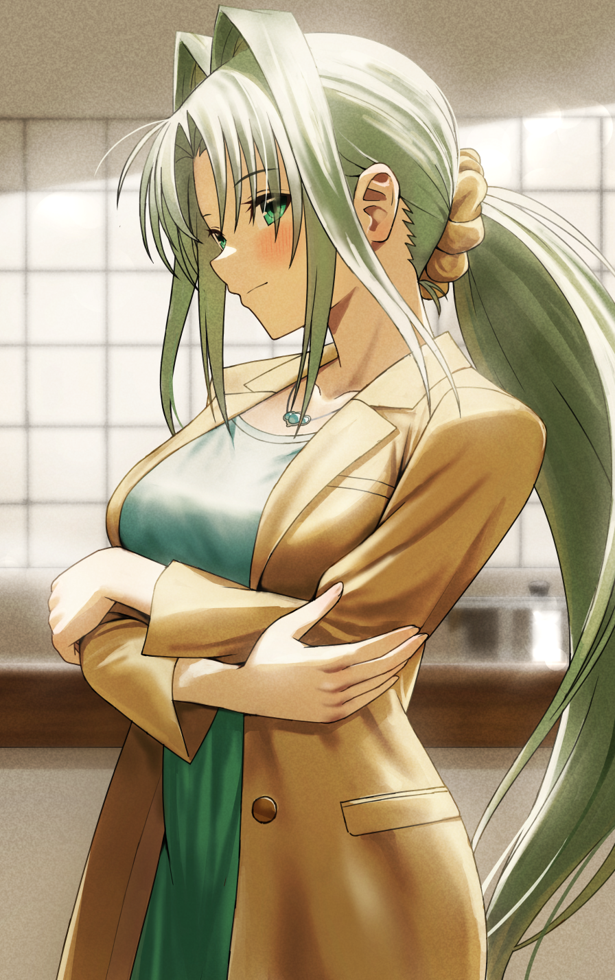 1girl blue_dress blush breasts brown_coat closed_mouth coat collarbone commission crossed_arms dress fagi_(kakikaki) green_eyes hair_intakes hair_ornament hair_scrunchie highres indoors jewelry large_breasts lindy_harlaown long_hair long_sleeves lyrical_nanoha mahou_shoujo_lyrical_nanoha_reflection necklace open_clothes open_coat pixiv_commission ponytail scrunchie smile solo upper_body very_long_hair