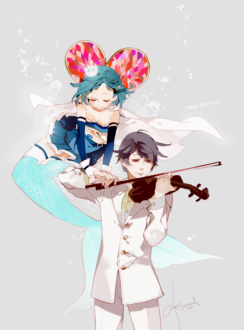 1boy 1girl adapted_costume aged_up antenna_(draconian) black_hair blue_hair blue_skirt bow_(music) bubble cape closed_eyes closed_mouth commentary_request cowboy_shot crown detached_sleeves duplicate english_text formal_clothes gloves grey_background hair_ornament hairclip high_collar holding holding_bow_(music) holding_instrument instrument jacket kamijou_kyousuke long_sleeves magical_girl mahou_shoujo_madoka_magica mahou_shoujo_madoka_magica_(anime) mermaid miki_sayaka miki_sayaka_(magical_girl) mini_crown monster_girl monsterification music musical_note oktavia_von_seckendorff pants photoshop_(medium) playing_instrument pleated_skirt short_hair signature simple_background skirt smile forked_tail spoilers suit thighhighs transformation violin white_gloves white_jacket white_pants white_suit zettai_ryouiki