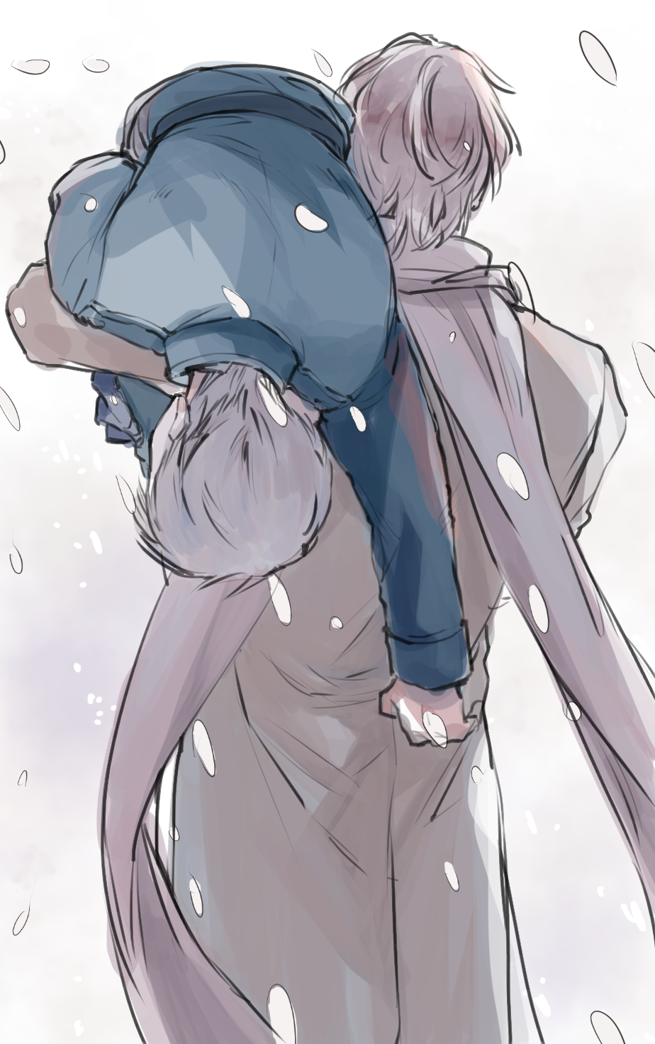 2boys axis_powers_hetalia back belt black_belt blue_jacket blue_pants carrying_over_shoulder coat commentary_request cowboy_shot goro_nyanko grey_coat grey_hair highres jacket long_sleeves military_jacket military_uniform multiple_boys pants prussia_(hetalia) russia_(hetalia) scarf short_hair simple_background snowing standing white_background white_scarf