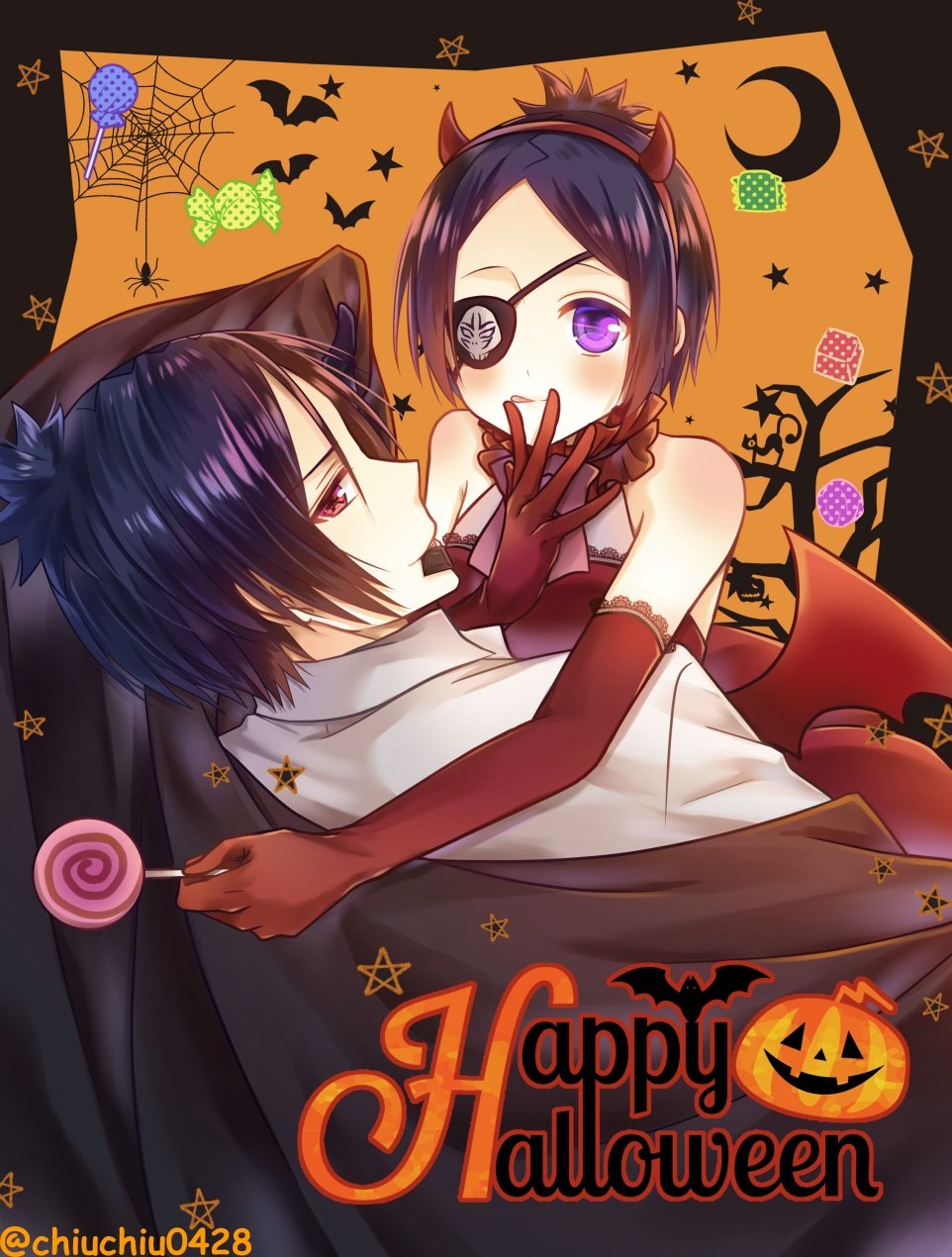 1boy 1girl bat_(animal) blue_hair candy chrome_dokuro dress eyepatch food gloves halloween halloween_costume happy_halloween highres hihibi jack-o&#039;-lantern katekyo_hitman_reborn! looking_at_viewer pumpkin purple_eyes purple_hair red_eyes rokudou_mukuro short_hair silk spider_web