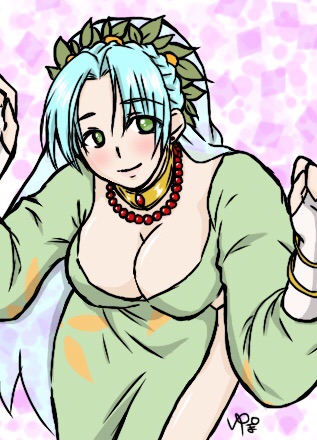 1girl aqua_hair blush bracelet braid breasts choker cleavage dress green_eyes grune_(tales) jewelry lowres necklace short_hair smile tales_of_(series) tales_of_legendia veil