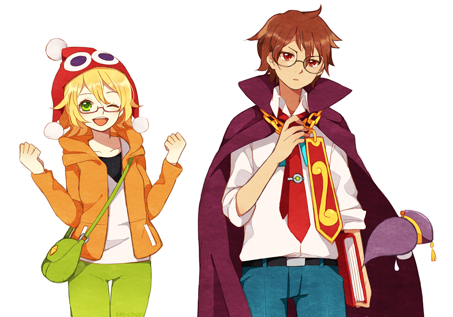 1boy 1girl amitie_(puyopuyo) bag bianca_(pokemon) bianca_(pokemon)_(cosplay) blonde_hair brown_hair cape chain cheren_(pokemon) cheren_(pokemon)_(cosplay) compile cosplay glasses green_eyes handbag hat jacket kei-chan_(atlas_kei) klug_(puyopuyo) look-alike madou_monogatari necktie nintendo npc_trainer one_eye_closed pants pokemon pokemon_bw puyopuyo puyopuyo_fever red_eyes shirt short_hair smile strange_klug white_background wink