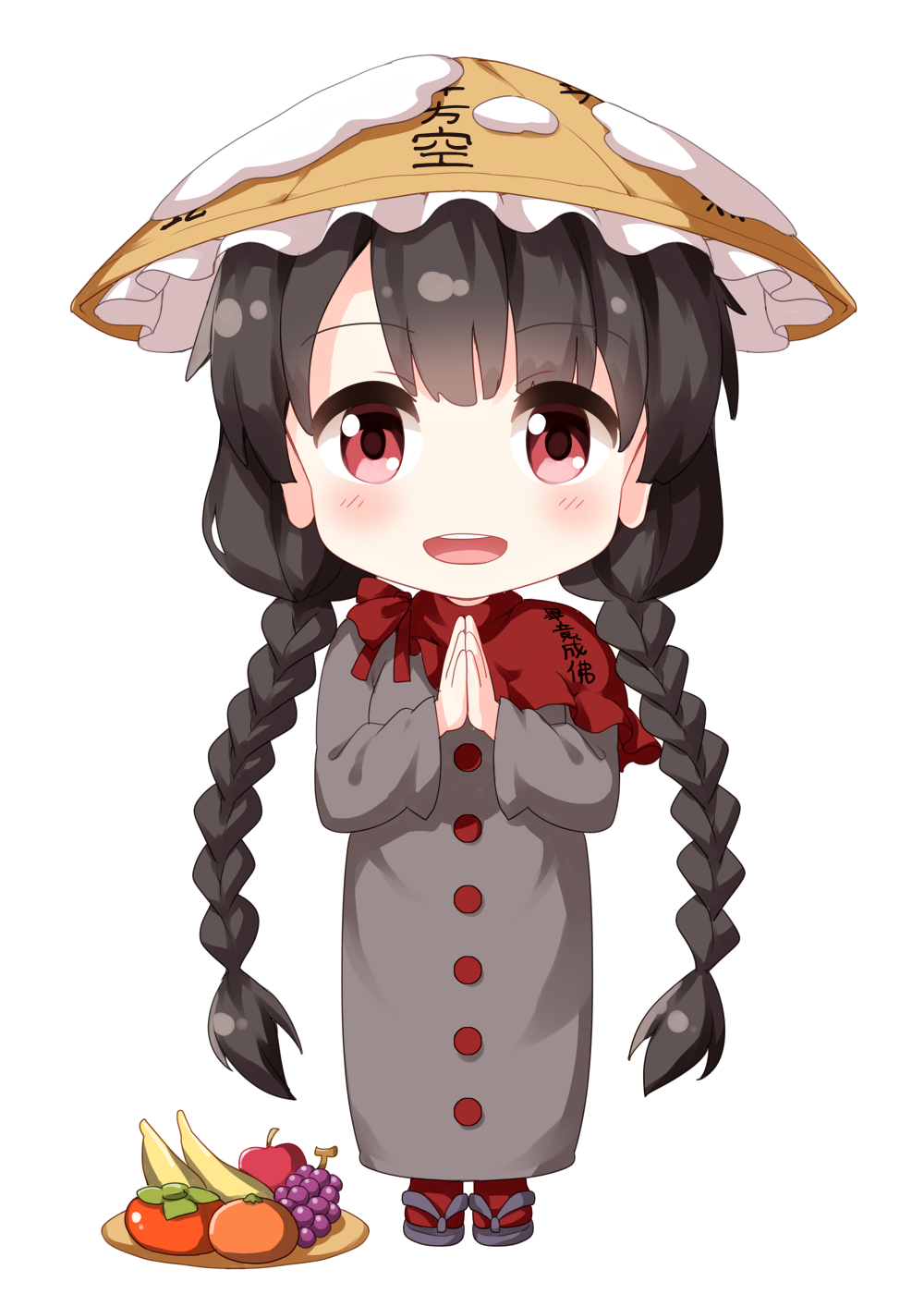 1girl :d apple banana black_hair blue_sandals blush braid brown_hat capelet chibi chibi_only commentary_request dress food fruit full_body grapes grey_dress hands_up hat highres long_hair long_sleeves looking_at_viewer mandarin_orange open_mouth own_hands_together parted_bangs red_capelet red_eyes red_socks ruu_(tksymkw) sandals simple_background smile snow_on_headwear socks solo standing straight-on teeth tomato touhou twin_braids upper_teeth_only white_background yatadera_narumi