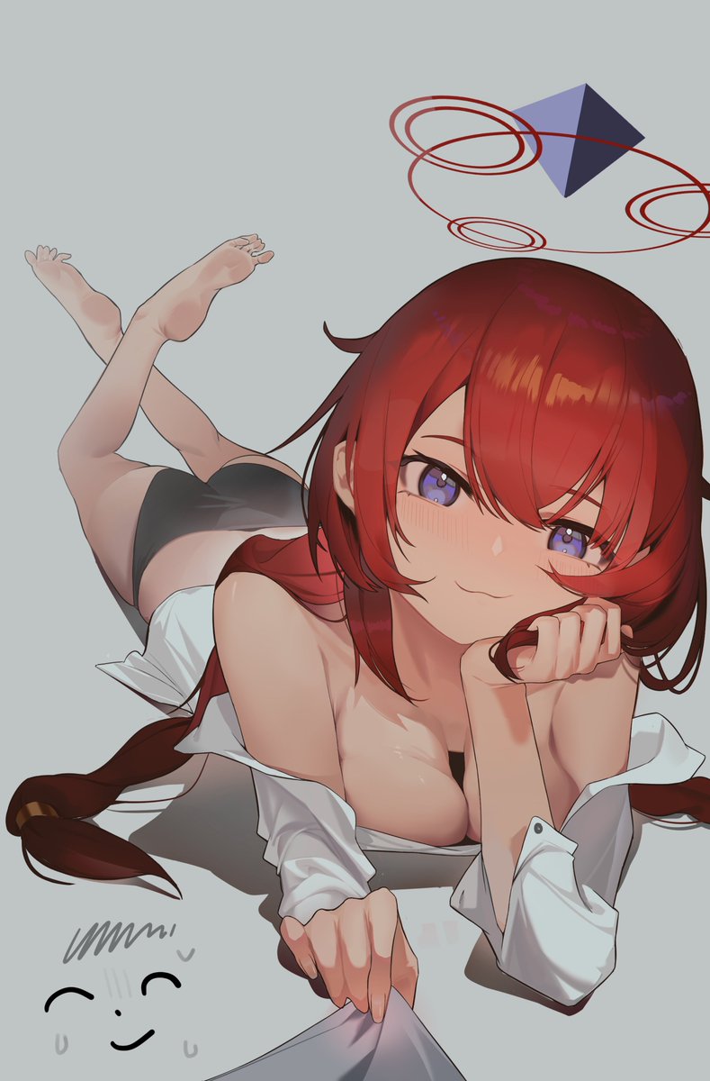 1boy 1girl :3 alternate_costume alternate_hairstyle barefoot black_shorts blue_archive blue_eyes blush braid breasts closed_mouth clothes_grab crossed_legs doodle_sensei_(blue_archive) grey_background halo head_on_hand highres large_breasts long_hair looking_at_viewer lying maki_(blue_archive) on_stomach open_clothes open_shirt red_hair red_halo sensei_(blue_archive) shirt shirt_grab shorts shuishi_tidu sweatdrop twin_braids white_shirt