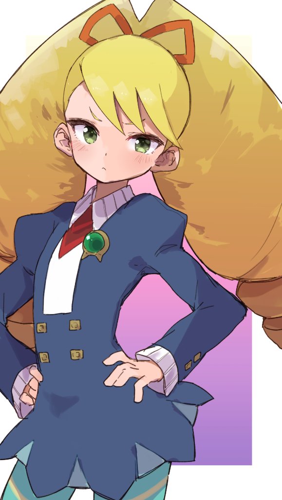 1girl blonde_hair blue_dress bow closed_mouth dress drill_hair green_eyes hair_bow hands_on_own_hips jamir long_hair long_sleeves luna_platz_(mega_man) mega_man_(series) mega_man_star_force_(series) simple_background solo twin_drills very_long_hair