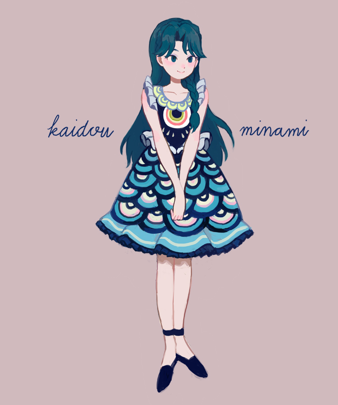 1girl bare_arms bare_legs black_shoes blue_eyes blue_hair braid character_name closed_mouth commentary dress flats frilled_dress frills full_body go!_princess_precure kaidou_minami light_blush long_hair looking_at_viewer multicolored_dress own_hands_together pink_background precure shoes simple_background single_braid smile sokoko solo standing