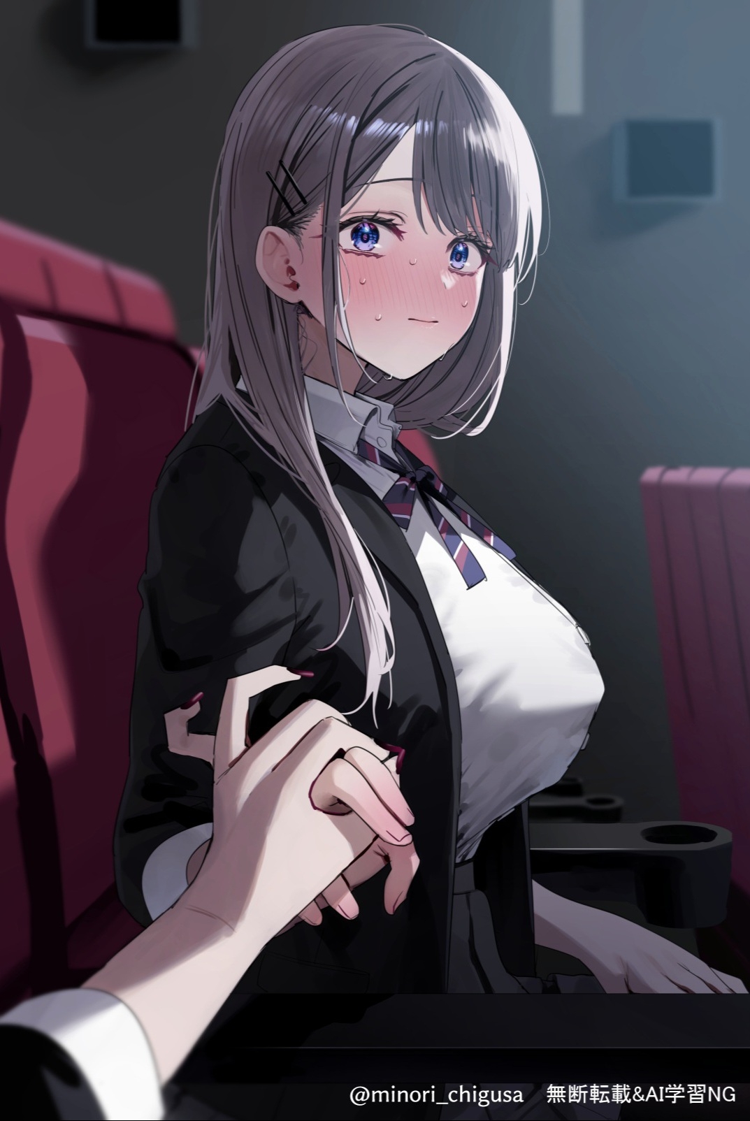 2girls black_jacket black_nails blue_eyes blush breasts chigusa_minori closed_mouth commentary_request gradient_nails grey_hair grey_skirt hair_ornament hairclip highres holding_hands jacket large_breasts long_hair multiple_girls nail_polish nervous_sweating open_clothes open_jacket pleated_skirt purple_nails saotome_shino_(shino_to_ren) shino_to_ren shirayuki_ren shirt skirt sweat twitter_username white_shirt yuri