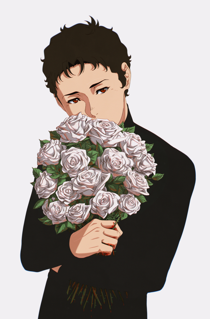 1boy black_shirt blood blood_drip blood_on_hands bouquet brown_hair covered_mouth enelous flower gundam gundam_hathaway&#039;s_flash hathaway_noa highres holding holding_bouquet long_sleeves looking_afar male_focus red_eyes shirt short_hair simple_background thorns upper_body white_background white_flower