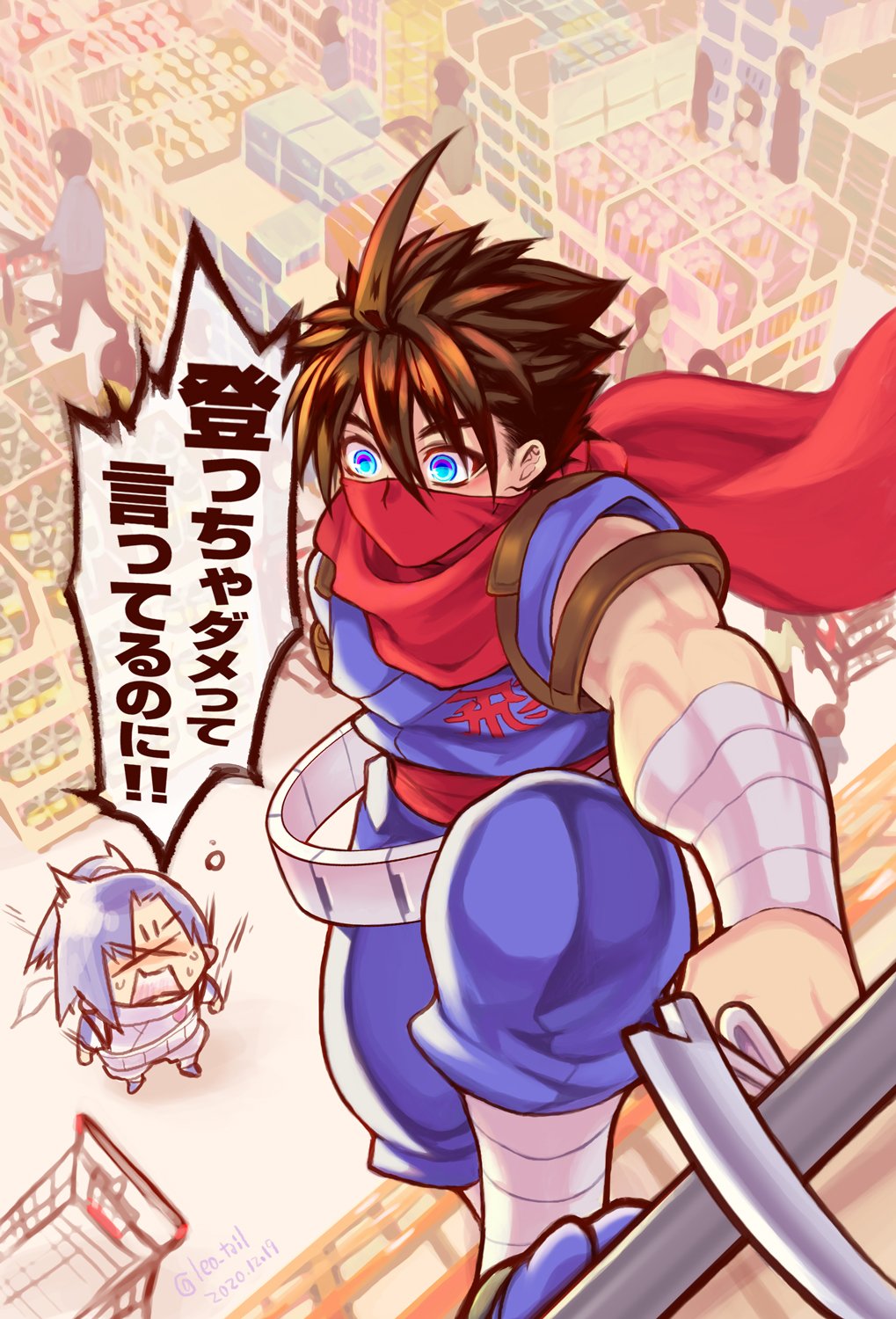 &gt;_&lt; 2boys blue_eyes blue_hair brown_hair climbing dated hair_between_eyes highres leo_tail long_hair male_focus mask mouth_mask multiple_boys ponytail red_mask red_scarf scarf shop shopping_cart short_hair shouting strider_(video_game) strider_hien strider_hiryuu sweat translation_request twitter_username wide-eyed