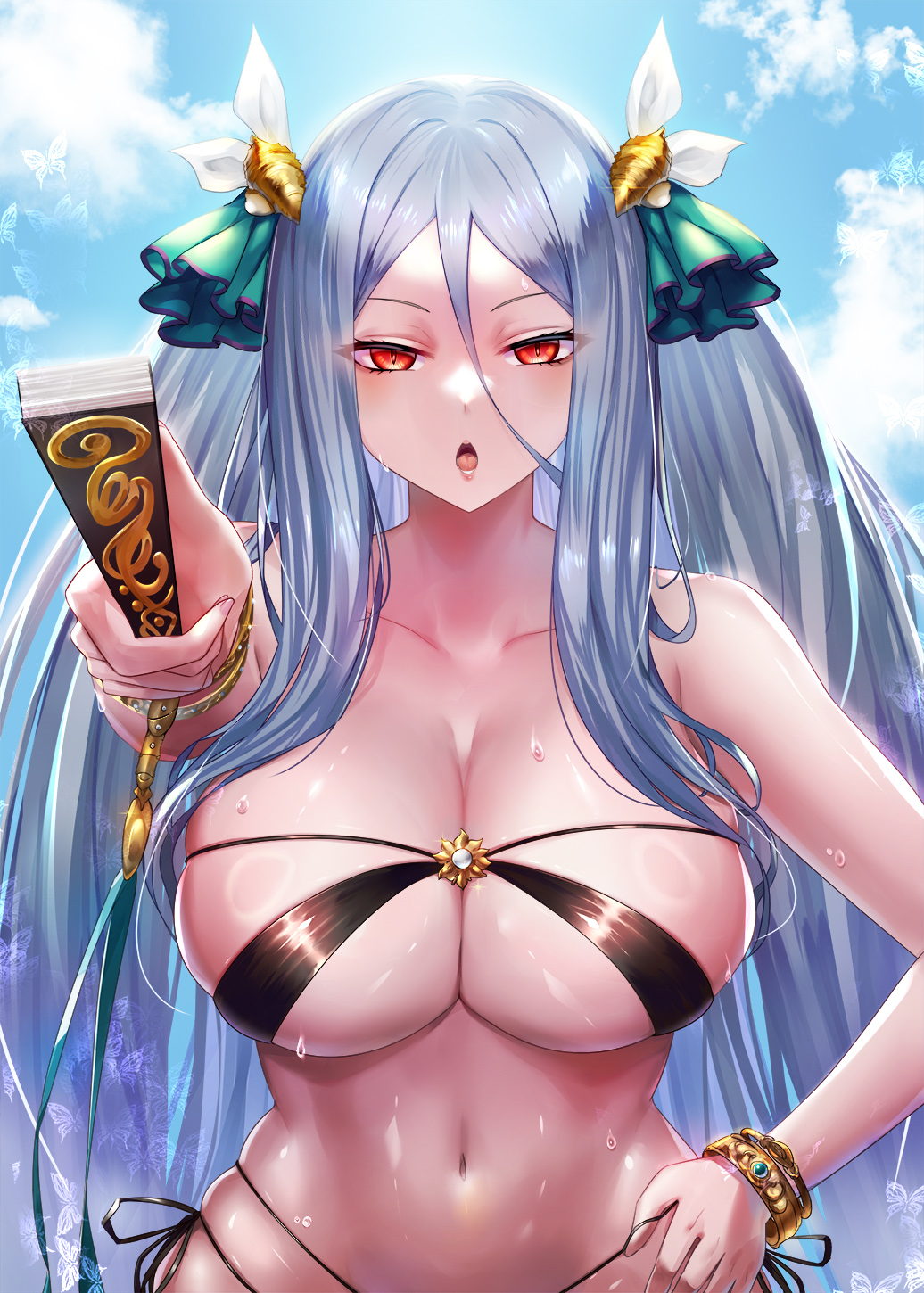 1girl bikini black_bikini blue_hair breasts brown_dust_(series) brown_dust_2 cleavage collarbone commentary dtcy hair_between_eyes hair_ribbon hand_fan hand_on_own_hip highres holding holding_fan jewelry large_breasts long_bangs long_hair looking_at_viewer morpeah_(brown_dust) navel open_mouth red_eyes ribbon side-tie_bikini_bottom sidelocks sky solo swimsuit tongue twintails wet