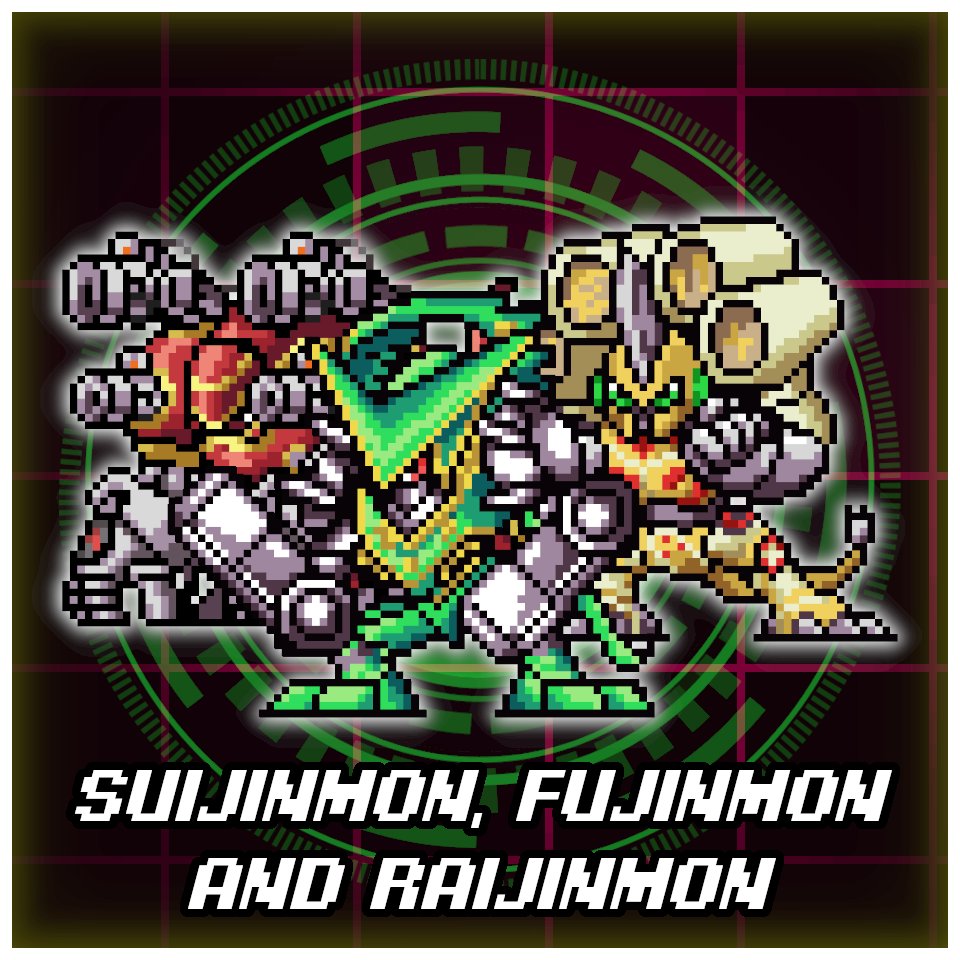 armor cannon digimon digimon_(creature) fujinmon pixel_art raijinmon red_eyes robot suijinmon tail