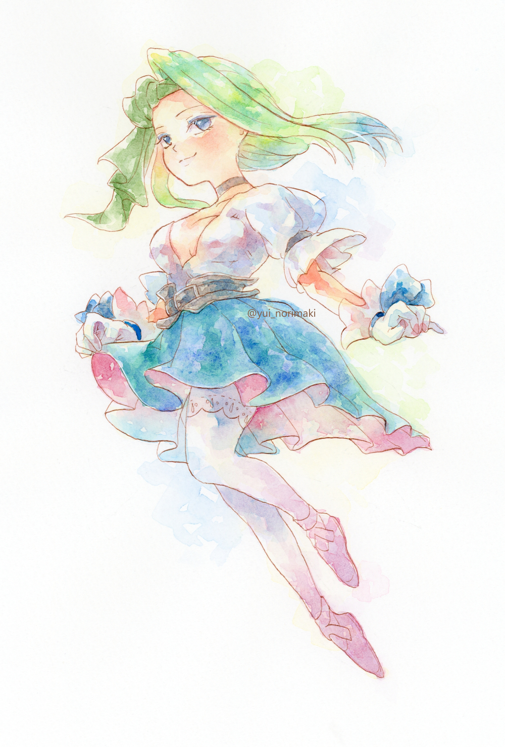 1girl belt black_belt black_choker blue_eyes blue_skirt breasts choker cleavage closed_mouth clothes_lift final_fantasy final_fantasy_ix floating full_body gloves green_hair green_ribbon hair_ribbon highres light_blush medium_breasts plunging_neckline puffy_short_sleeves puffy_sleeves ribbon ruby_(ff9) shirt short_sleeves skirt skirt_lift smile solo thighhighs traditional_media twitter_username white_background white_gloves white_shirt white_thighhighs yui_norimaki