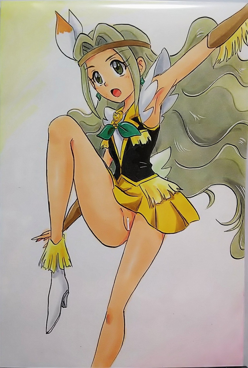 1girl ashigaki_radar bar_censor black_vest blush bomber_girls_precure breasts censored earrings feathers green_neckerchief grey_eyes grey_hair grey_haired_cure_(bomber_girls_precure)_(happinesscharge_precure!) happinesscharge_precure! headband heart highres jewelry leg_up long_hair multicolored_background native_american neckerchief no_panties open_mouth pink_background precure pussy shirt shoes short_sleeves skirt small_breasts standing standing_on_one_leg tribal vest white_background white_footwear white_shirt wristband yellow_background yellow_skirt