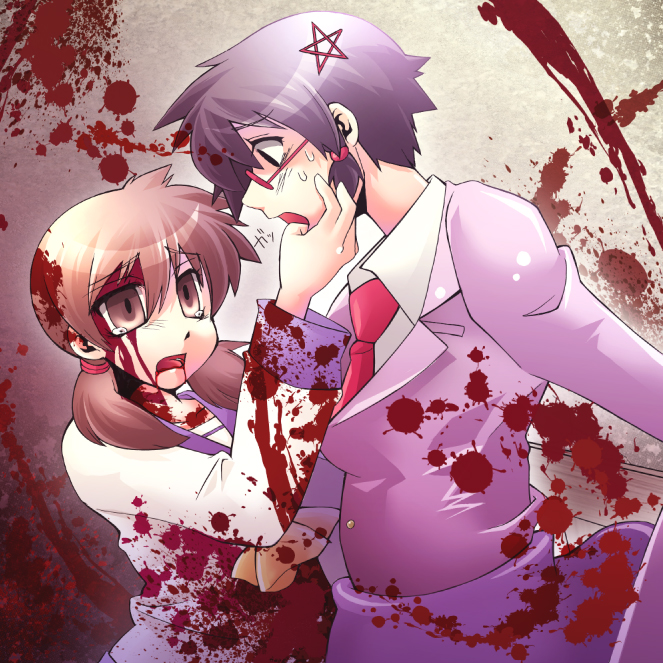 2girls black_hair blood blood_from_mouth blood_on_face blood_splatter blood_on_clothes bloody_tears brown_eyes brown_hair collared_shirt corpse_party dress_shirt glasses hair_ornament jacket multiple_girls necktie pentagram purple_jacket red-framed_eyewear red_neckwear rokuhara saenoki_naho school_uniform semi-rimless_eyewear serafuku shinozaki_ayumi shirt twintails white_shirt