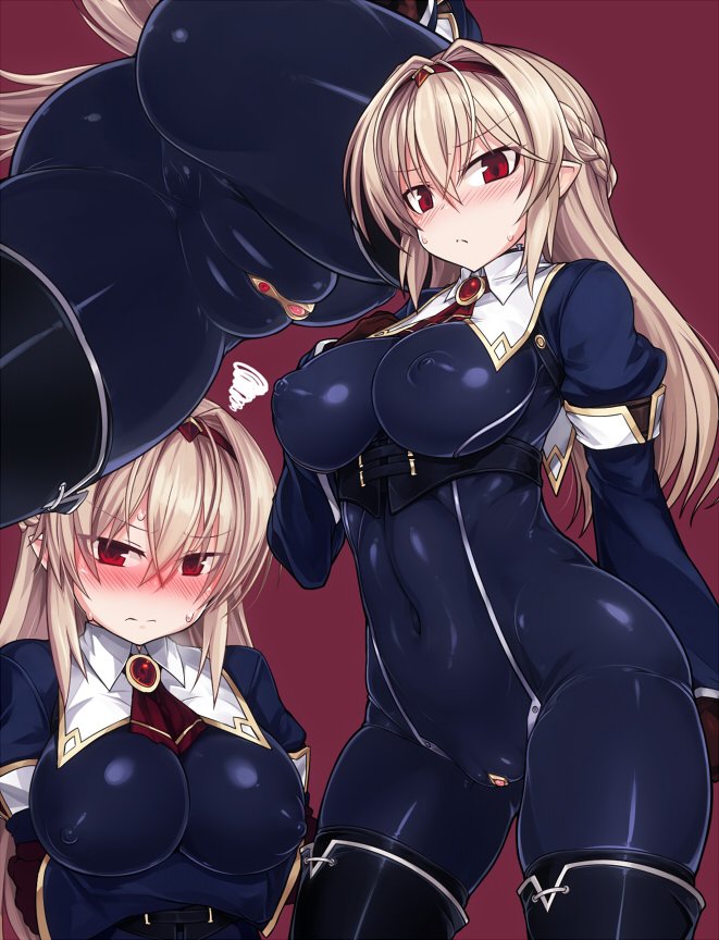 1girl anus ass black_thighhighs blonde_hair blush bodysuit boots braid breasts brown_gloves cameltoe clitoris clitoris_cutout covered_erect_nipples covered_navel exposed_clitoris fat_mons gloves hairband large_breasts lilia_(null) long_hair looking_at_viewer multiple_views null_(nyanpyoun) original pointy_ears purple_background red_background red_eyes simple_background skin_tight sweatdrop thigh_boots thighhighs