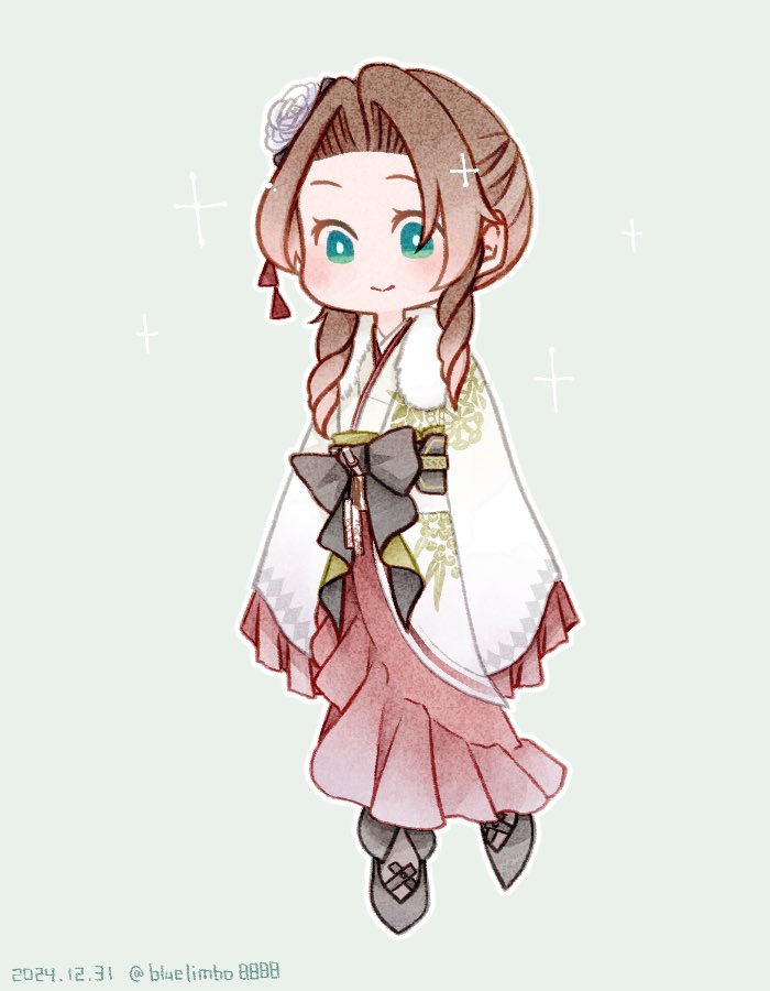 1girl aerith_gainsborough aerith_gainsborough_(festive_crimson_attire) black_bow black_footwear bluelimbo8888 bow brown_hair chibi closed_mouth dated final_fantasy final_fantasy_vii final_fantasy_vii_ever_crisis flower frilled_kimono frills full_body fur-trimmed_kimono fur_trim furisode gold_trim green_eyes grey_background hair_flower hair_ornament japanese_clothes kimono light_blush long_hair official_alternate_costume parted_bangs side_slit sidelocks smile solo sparkle twitter_username updo white_flower white_fur white_kimono wide_sleeves
