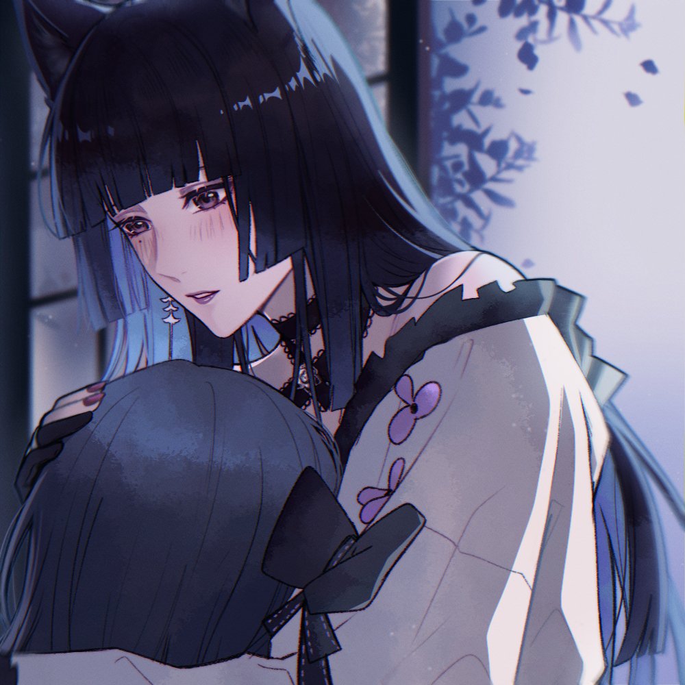 1girl 1other ambiguous_gender angon623 bare_shoulders black_bow black_gloves black_hair blunt_bangs blunt_ends blush bow chief_(path_to_nowhere) flower gloves hand_on_another&#039;s_head head_hug hime_cut japanese_clothes kimono leaf mole mole_under_eye nail_polish neck_ribbon off_shoulder parted_lips partially_fingerless_gloves path_to_nowhere petal_earrings purple_flower purple_lips red_eyes red_nails ribbon ribbon-trimmed_kimono ribbon_trim shouji sleeve_bow sliding_doors sumire_(path_to_nowhere) upper_body white_kimono
