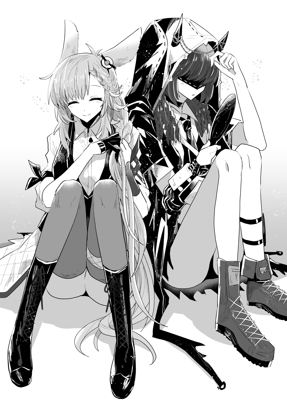 2girls animal_ears arknights arm_up blindfold boots braid chain closed_eyes collared_shirt cross-laced_footwear demon_horns dress facing_viewer gloves hair_ornament hand_up highres holding holding_mirror hood hood_up horns iwashi_80 jacket jewelry knee_boots knees_up kroos_(arknights) kroos_the_keen_glint_(arknights) lava_(arknights) lava_the_purgatory_(arknights) long_hair mirror multiple_girls necktie official_alternate_costume parted_lips pointy_ears rabbit_ears rabbit_girl shirt shorts single_glove smile thighlet vest