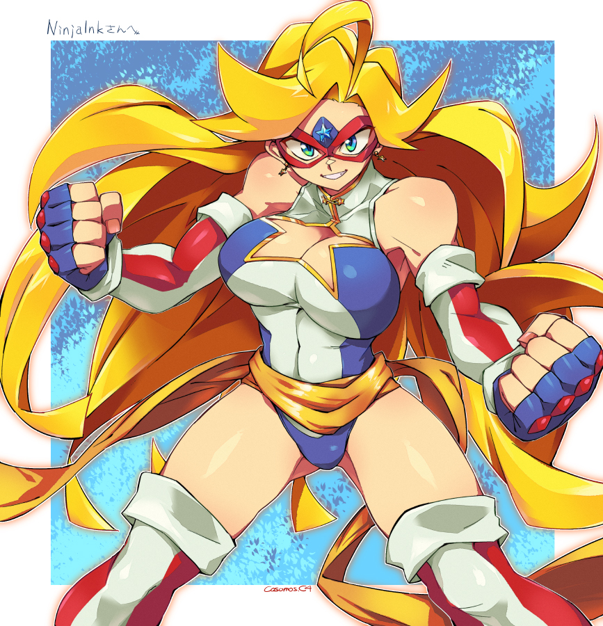 1girl ahoge american_flag american_flag_print blonde_hair blue_eyes boots breasts charlotte_vanders cleavage clothing_cutout coso-ri domino_mask earrings elbow_gloves eye_mask fingerless_gloves flag_print gloves gold_bow jewelry kamen_america kamen_america_(comic) large_breasts leotard long_hair looking_at_viewer mask open_mouth patriotism smile solo star_(symbol) star_cutout star_earrings striped_clothes striped_footwear superhero_costume the_phantom_lim vertical-striped_footwear
