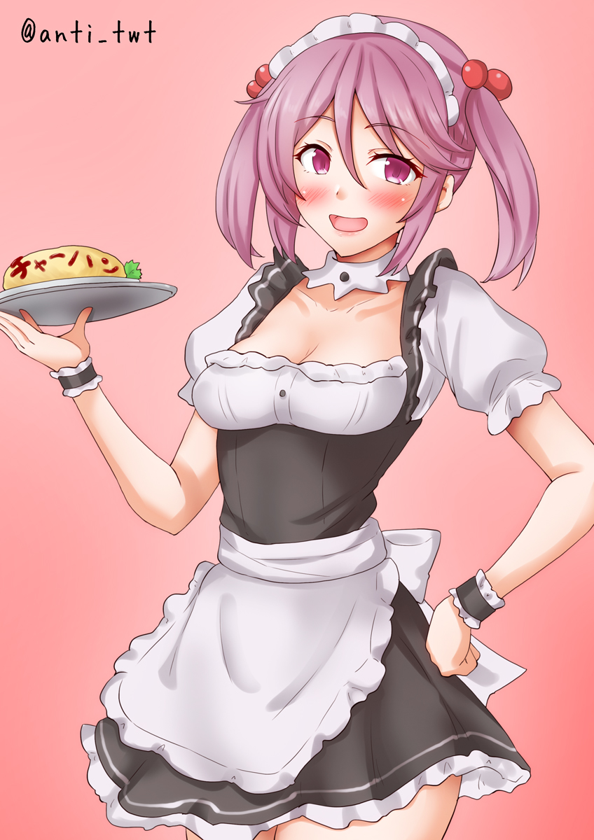 1girl alternate_costume anti_(untea9) breasts enmaided food food_writing hair_bobbles hair_ornament highres holding holding_plate kantai_collection ketchup maid omelet omurice open_mouth pink_background pink_eyes pink_hair plate sazanami_(kancolle) small_breasts smile solo twintails twitter_username