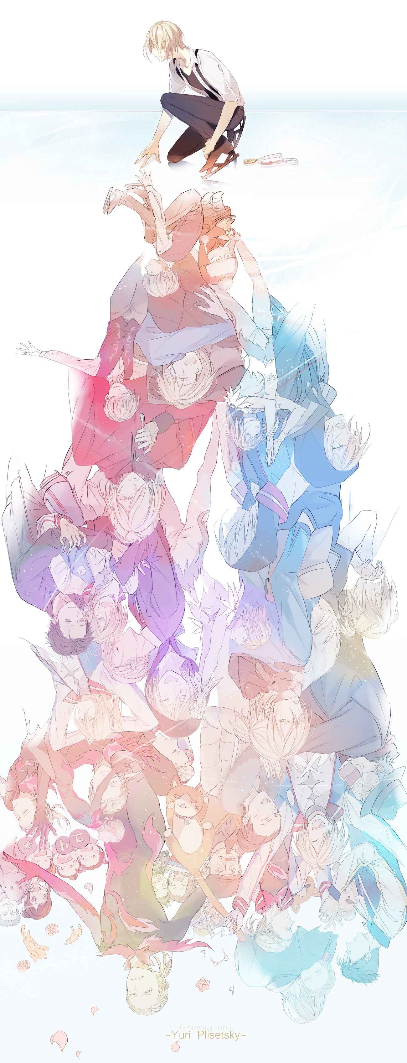 10s 6+boys 6+girls ^_^ absurdres animal_ears blonde_hair cat cat_ears character_name child different_reflection dog closed_eyes fake_animal_ears green_eyes hair_over_one_eye haizhe highres hug ice_skates jacket katsuki_mari katsuki_yuuri lilia_baranovskaya makkachin medal multiple_boys multiple_girls muted_color nikolai_plisetsky nishigoori_axel nishigoori_loop nishigoori_lutz nishigoori_takeshi nishigoori_yuuko okukawa_minako on_one_knee open_mouth otabek_altin petals ponytail reflection skates smile stuffed_animal stuffed_cat stuffed_toy suspenders tears track_jacket viktor_nikiforov yakov_feltsman aged_down yuri!!!_on_ice yuri_plisetsky